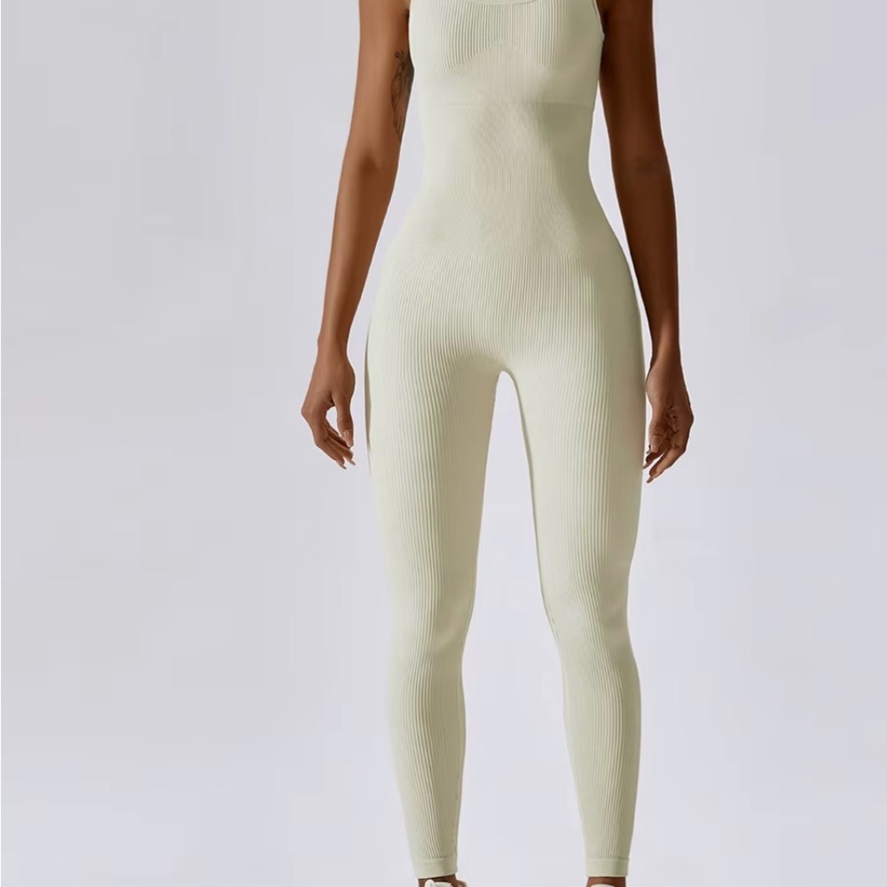Cream Sleeveless Jumpsuit with High Neckline